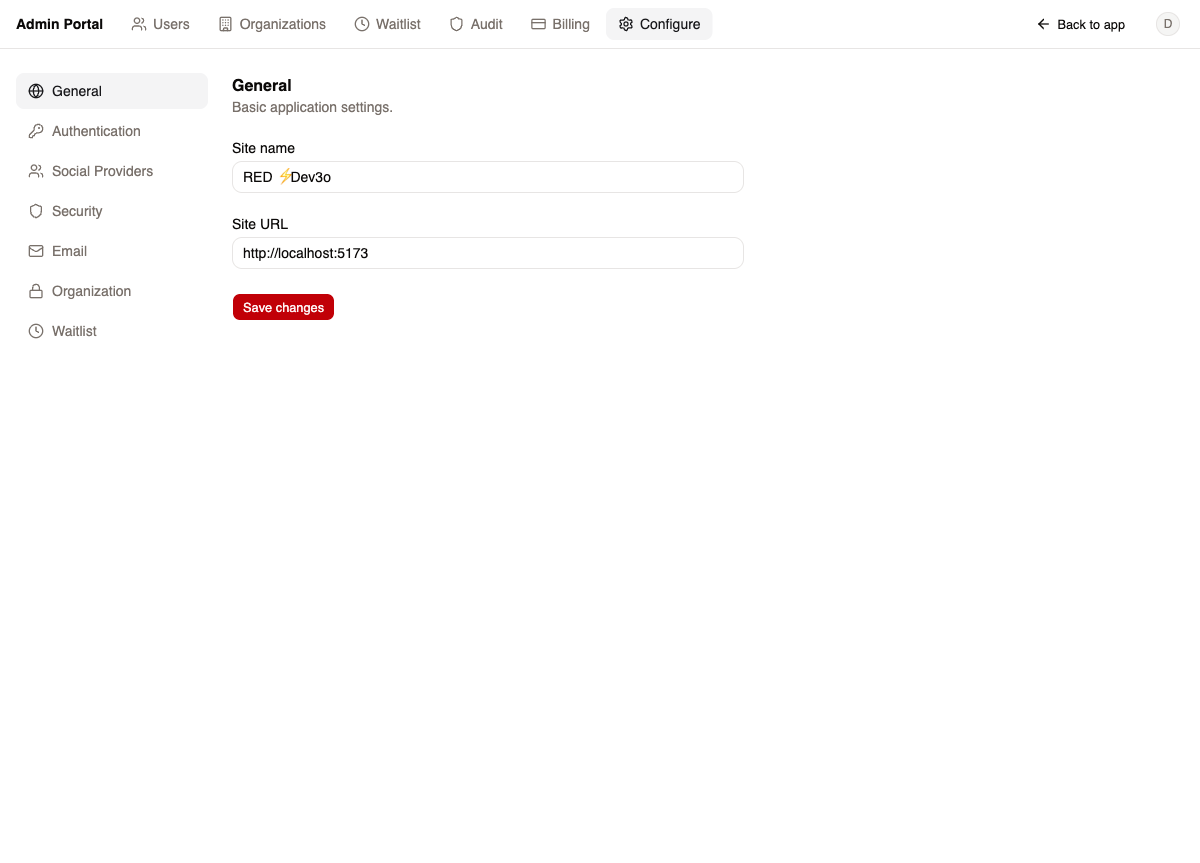 Admin configuration panel with section navigation