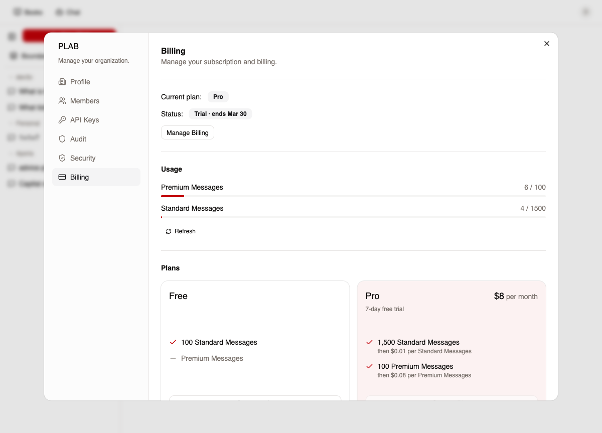 Billing tab showing subscription status, usage bars, and plan comparison
