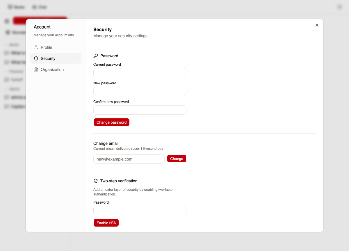 Security tab with password, email change, 2FA, passkeys, and session management